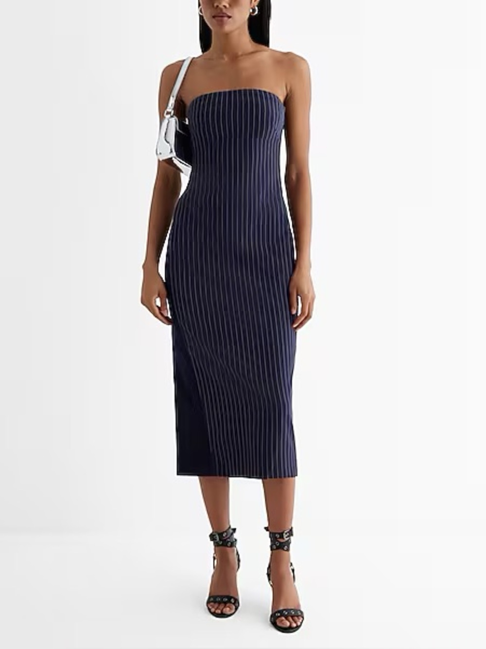 Express Pinstripe Denim Back Strapless Midi Sheath Dress